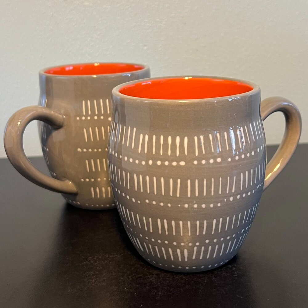 Baum Brothers TANGIER Gray Orange Stoneware Mug Cup Morocco Boho Set of 2